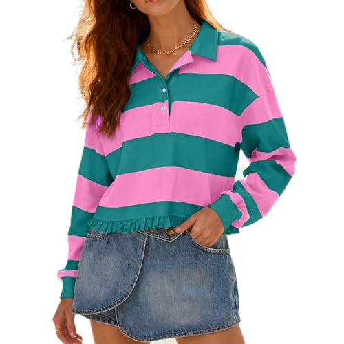Women Striped Rugby Shirts Vintage Oversized Long Sleeve Collared Polo Shirt Y2k Button Up Pullover Sweatshirt Top (Ruffle Hem Rose Red Green, M)