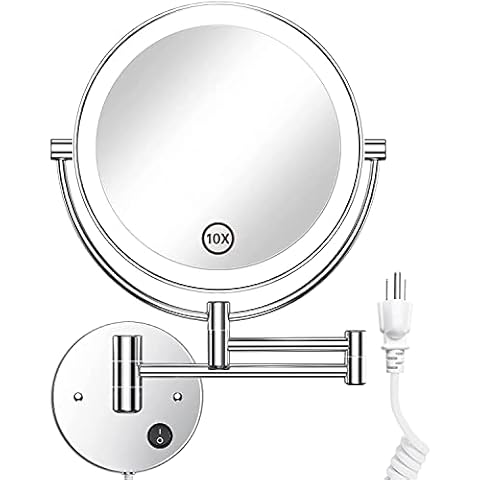 Gospire 8.5 Inch LED Wall Mounted Makeup Mirror Round Double Sided 1X/10X Magnifying Vanity Mirror with Lights 360 Degree Swivel Lighted Cosmetic Mirror (8.5 Inch-10X, Chrome Mirror with LED) Cover
