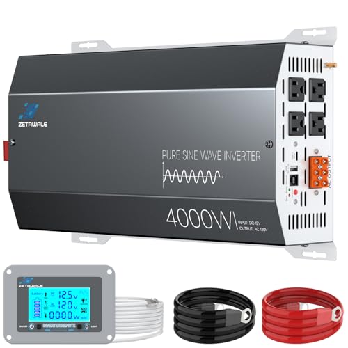 4000W Pure Sine Wave Inverter 12V DC to 110V/120V AC Converter 8000W Peak LCD Remote Control 4 AC Outlets USB & Type-C Heavy Duty for RV Truck Off-Grid Solar Home Emergency Power