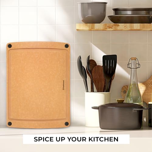 Image of Freshware Wood Cutting Board for Kitchen, Juice Groove, Non-Slip Silicone Feet, Dishwasher Safe, Large, 15 inch x 11.25 inch, Natural