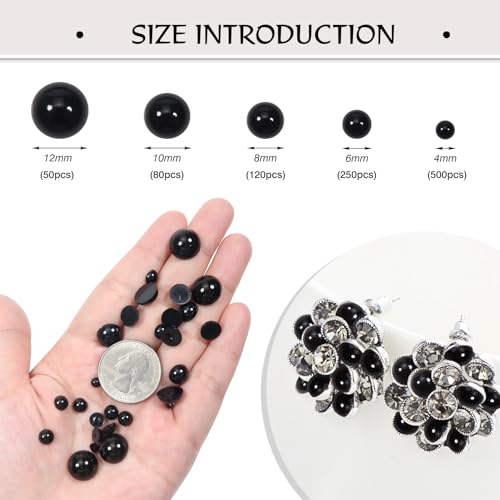 Toaob 1000pcs Half Round Flat Back Black Pearl ABS Resin Cabochons 4 mm 6 mm 8 mm 10 mm 12 mm for DIY Jewellery Making Decoration - Image 2