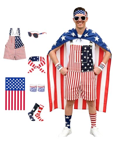 Beoaiku American Flag Overalls Men 4th of July Outfits Unisex Costume with Red White Blue USA 250th Anniversary Patriotic Party