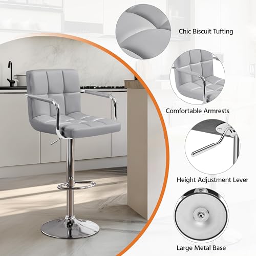 Image of Yaheetech Bar Stool, Swivel with Backs, Adjustable Height, Light Gray