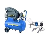 Goodyear - Compresor de Aire con Pistola 24 litros. 210 litros/minuto Capacidad de Aspiración. 2.850 RPM. Presión Nominal 8 bares. Doble Manómetro. Compresor para Pintar con Kit de Soplado