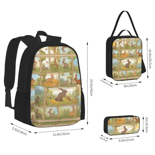 Cartoon Cute Animals Rabbit 3-Piece Set Backpack, Lunch Bag, And Pencil Case, Casual Cute Sets For Travel And College4