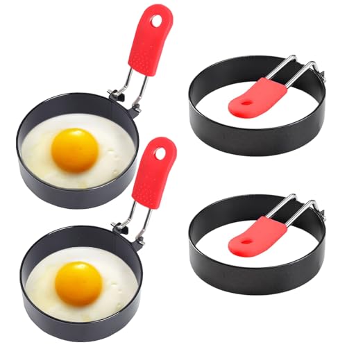 4 PCS Egg Rings for Frying Stainless Steel Egg Rings with Anti-Scald Folding Handle Non Stick Fried Eggs Ring for Household Kitchen Cooking Eggs Frying Breakfast Mini Burger Reusable Easy to Clean