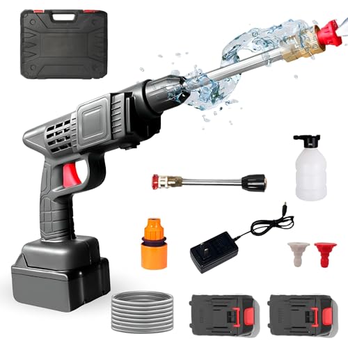 Pistola de Limpieza a Presión. Hidrolimpiadora Portatil Inalámbrica 35Bar/500PSI y 1500mAh/300W con 2 Baterías Recargable 48V / 30-45min. Pistola de Alta Presion para Coche con Maletín y Accesorios.