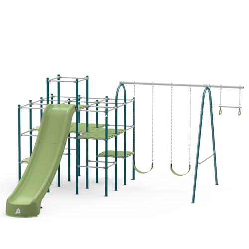 Modular Jungle Gym Set for Kids by ACTIVPLAY, Outdoor Playset, Swing, Slide, Rust Resistant, No Pinch Joints, Adjustable Platforms with Safety Grooves, Heavy Duty Metal Frame