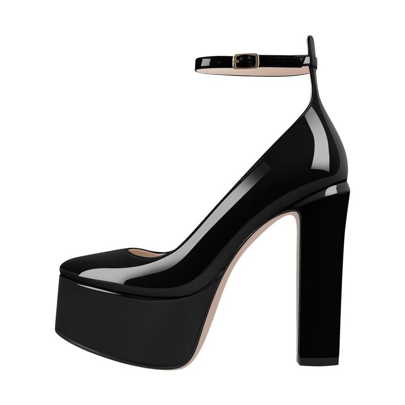 Mary Jane Platform Buckle High Heels, Ankle Strap Round Toe Closed Toe Pumps