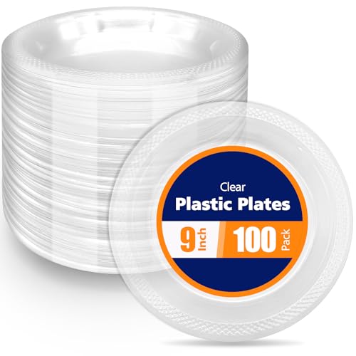 GRWJHUM 100 Count Clear Plastic Plates 9 Inch Washable & ReusableDessert Plates Disposable Cake Plates Disposable Clear Plates For Party Weddings and Events