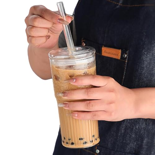 Vasos de café helado, vasos con tapas y popotes reutilizables, vasos de ancha, perfectos para té, avena, infusión fría y refrescos diarios, 7.1 x 3.35 pulgadas