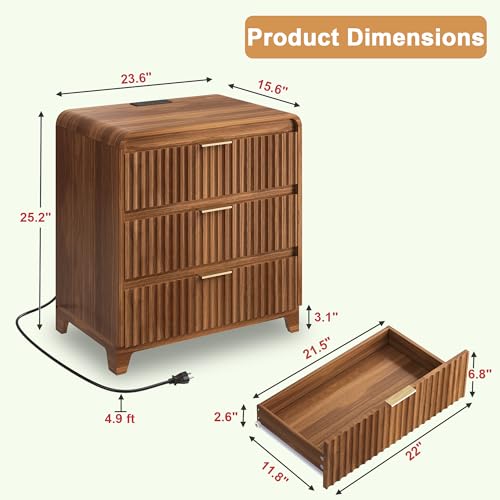 Image of Walnut Nightstand Set of 2 with Charging Station, Fluted Wood Bedside Table with 3 Drawers, 24 Inch Modern Night Stand End Table for Bedroom, Walnut Brown