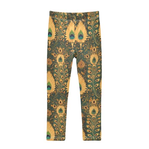 Peacock Feather Gold Girls Leggings Athletic Pants Tights Stretch Bottom