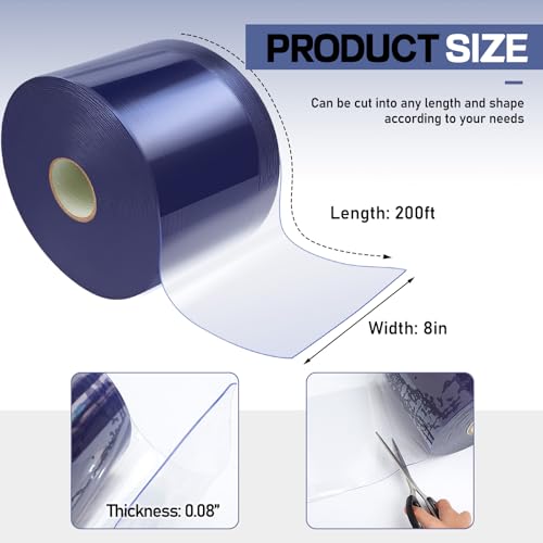 Image of Moukeren Plastic Curtain Strips, 200 ft x 8 in Clear PVC Strip Curtain Roll, Heavy Duty Plastic Insulated Freezer Door Strips for Commercial, Walk-in Cooler, Garage, Warehouse, 0.08 inch Thickness