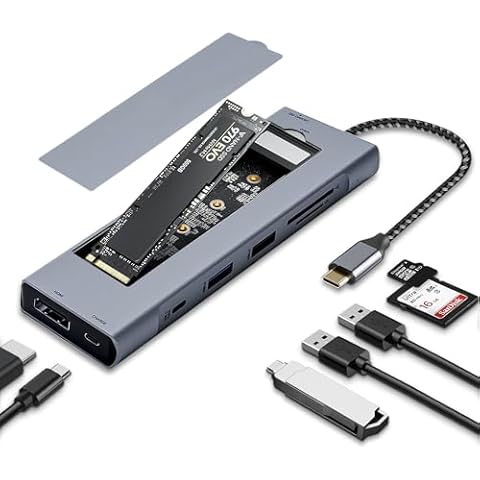 8 in 1 USB-C Hub with M.2 NVMe/SATA SSD Enclosure, USB C Hub Adapter Fits PCIe 3.0 NVMe M.2 SSD,2.5-inch SATA HDD with 4K HDMI,10Gbps USB-C 3.1&USB 3.1,USB 2.0,SD/Micro SD,100W PD Compatible with XPS Cover