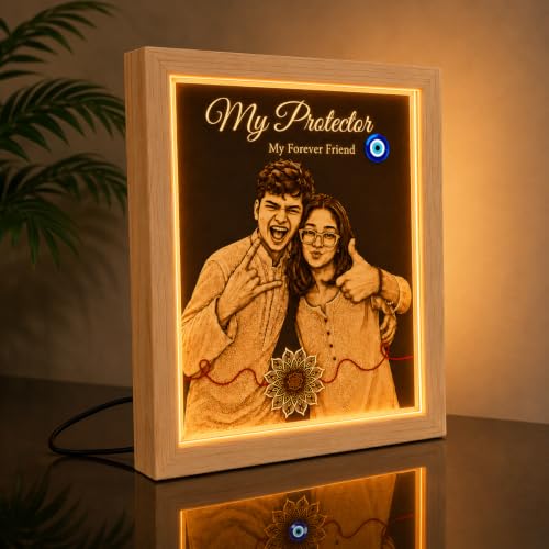 Image of Personalized Raksha Bandhan Acrylic LED Lamp with Custom Photo (Design 8) | Night Light, Brother Sister, Free Rakhi Included, Custom Photo