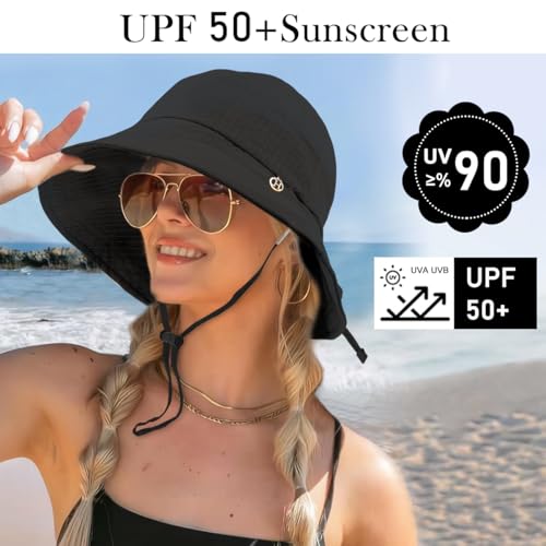 Image of SANNIDHI Sun Hats for Women Bucket Hat for Women, Wide Brim Summer UV Protection Beach Hat, Outdoor Casual Womens Hats with Chin Strap, Fashion Ladies