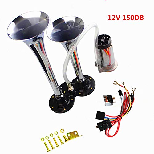 YIYDA Bocina de aire para camión Car Horn 150dB bocina de aire para automóvil cromo zinc doble trompeta bocina plateada con compresor bocina para automóvil Air Horn para 12V barco camión tren etc