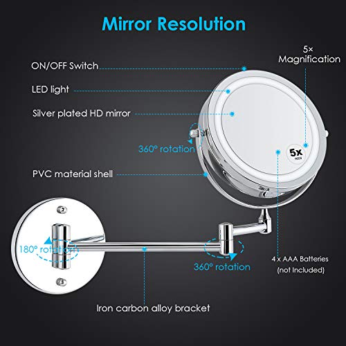alvorog Wall Mounted Makeup Mirror LED Lighted 5X Magnifying Cosmetic Mirror 360° Swivel Extendable Two Sided Vanity Mirror for Bathroom, Powered by 4 x AAA Batteries (Not Included)