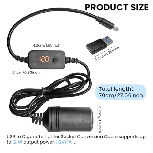 Image of STHIRA USB C to Cigarette Lighter Adapter Cable, 5V to 12V Type-C to Cigarette Lighter Socket Adapter Cable, Universal Car USB Boost Converter with Adjustable Voltage and USB Converter Tip (0.7m)