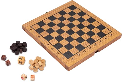 Backgammon + Dame Gr. S - aus Holz mit klappbarem Spielbrett 21 x 21 cm und rot/schwarzen Backgammon-Feldern
