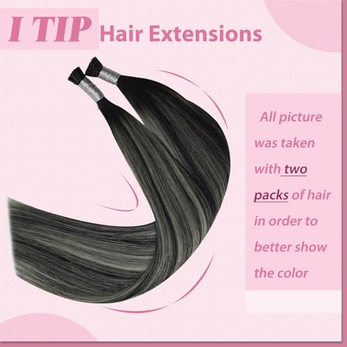 Image of YoungSee I Tip Extensions 24 Inch, I Tips Hair Extensions Real Human Hair, Black Balayage Silver, Itip Hair Extension, 50 Strands 50g, for Women, Long Hair