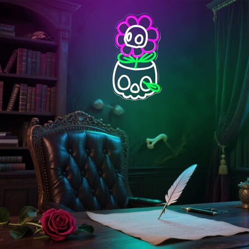 Image of Skull Neon Sign for Wall Decor Halloween LED Sign Dimmable Cute Skull Flower Neon Sign for Boys Girls Bedroom, Game Room, Living Room, Man Cave, Halloween Party Decor Gifts