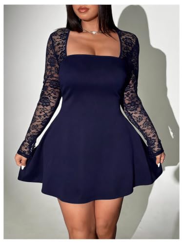 Image of Floerns Women's Plus Size Lace Sheer Long Sleeve Square Neck Mini Dresses