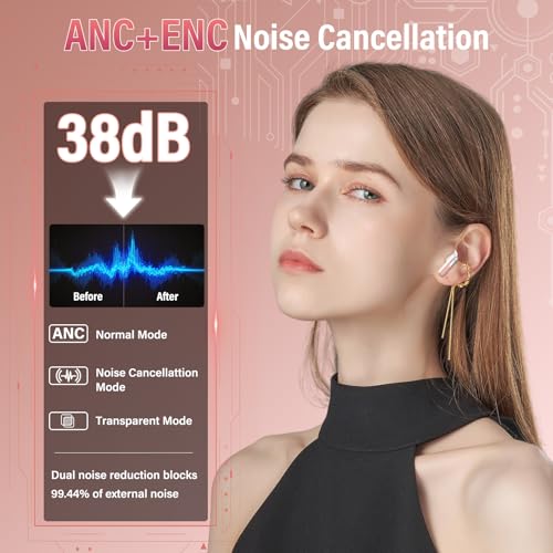 Image of Wireless Earbuds with Touch Screen, Bluetooth 5.4 Headphones, ANC /ENC Noise Cancelling, 48H HiFi Stereo Bluetooth Ear Buds with 5 EQ Modes, Transparency Mode, IPX7 Earphones, Rosa