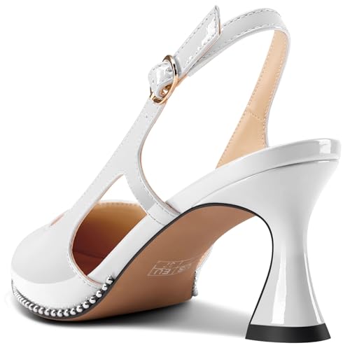 Image of TNYNFBEB Womens Kitten Heel Pointed Toe Pumps Sliver Beaded Slingback Slip-on Buckle Prom Dress Basic Classic Patent Leather Summer 2.6 Inches Heels