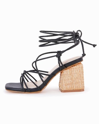 Image of PiePieBuy Women's Lace Up Chunky Braided Heel Sandals Square Toe Strappy Ankle Strap Heels