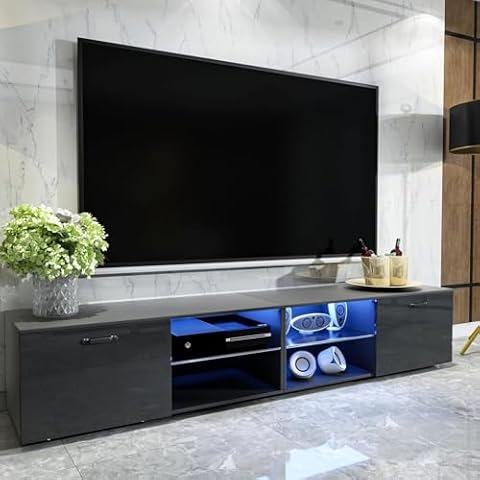 DMAITH TV Stand with LED Lights for 70 75 Inch TVs, High Gloss Entertainment Center TV Console, Dual Cabinets & 4 Open Shelves, Soft Close Hinged Doors with Handles for Living Room & Bedroom, Black Cover