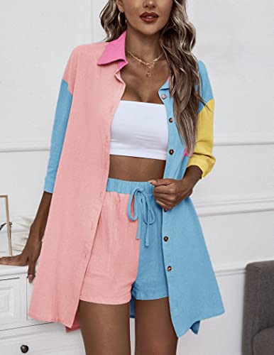 Elesol Color Block 2 Piece Summer Outfits For Women Linen Buttons Shirts And Short Set Loungewear Light Blue And Light Pink Xxl #TOP1