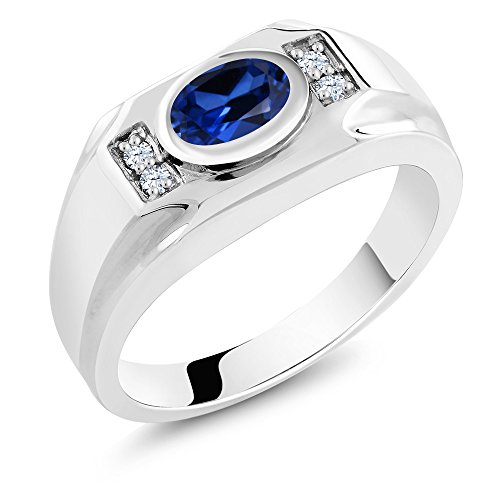 Gem Stone King Blue Created Sapphire White Created Sapphire 925 Sterling Silver Men's Ring 1.80 Ct (Size 12)