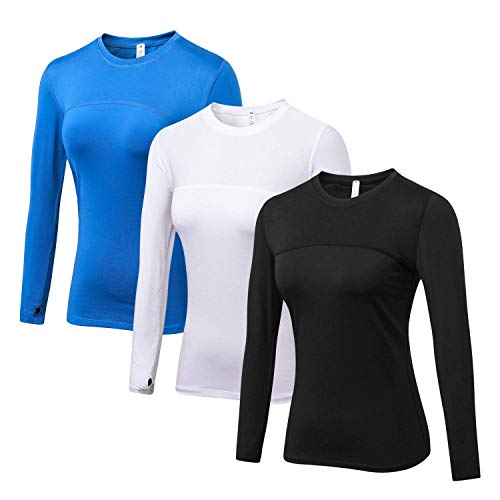 WANAYOU Women's Compression Tops Performance Athletic Long Sleeve Shirt Moisture Wicking Workout T-Shirt Tops (Large/Fit Bust:36.6