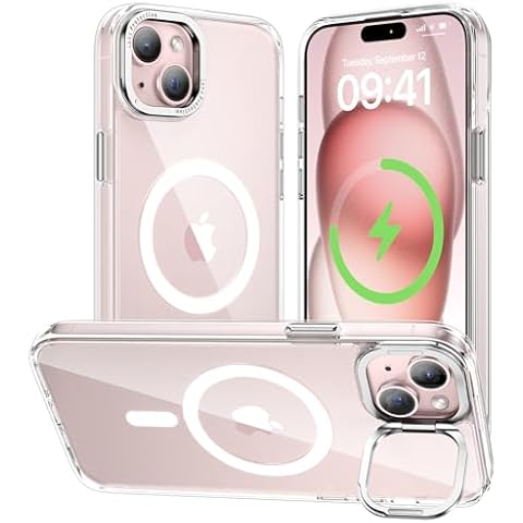 Diaclara for iPhone 15 Case with Magnetic Lens Stand, Compatible with MagSafe, Anti-Yellowing Soft Edge and Anti-Scratch Hard Back, Slim Shockproof Magnetic Phone Case for iPhone 15, Clear Cover