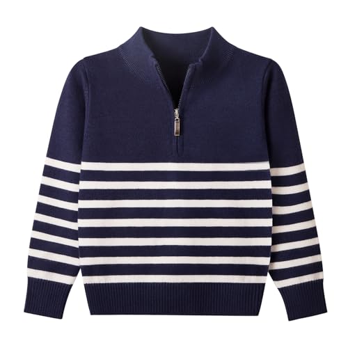 Danny D Boys Stripe Quarter Zips Pullover Sweater Kids Chunky Long Sleeve Knit Pullover Sweater ﻿