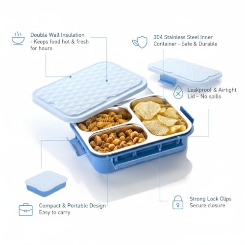 Image of Insulated Stainless Steel Lunch Box with Textured Lid | 3 Compartments | 525ml | BPA Free | Leakproof | Microwave Safe Without Lid | Bento Tiffin Box for Office School Travel (Sky Blue, 3)