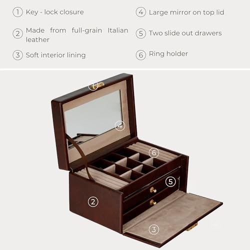 Image of Time Resistance Jewelry Box - Full Grain Leather Jewellery Organizer - Accessories Storage - Key Lock Box for Women (Brown)