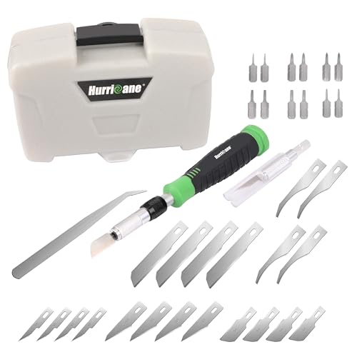HURRICANE 36 Piece Exacto Knife set Craft Knife Set Precision Cut Knife Blades Deluxe Craft Set with flexible Anti Slip Ergonomic Handle with Extra Hex Bits for Precision Cutting Craft and Repair Work