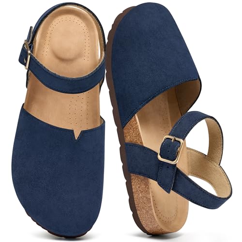 Image of Ecetana Womens Sandals Dressy Summer Closed Toe Flats Comfortable Cork Footbed Casual Walking Shoes