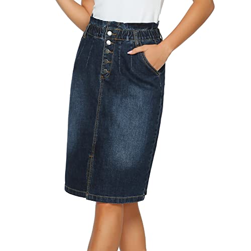 Women's High Tummy Control Stretchy Denim Mid Skirts Waisted Elastic Button Jeans Skirt Casual with Pockets ﻿4