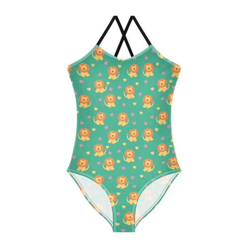 senya Girls Swimsuits One-Piece Swimwear Tie Bathing Suit Beach Summer Round Neck 9-10T Lion Green Background Pattern