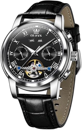 Image of OLEVS Mechanical Dress Mens Watches Square Brown Leather Strap Moon Phase Skeleton Tourbillion Day Date Waterproof Luminous Men's Wrist Watches