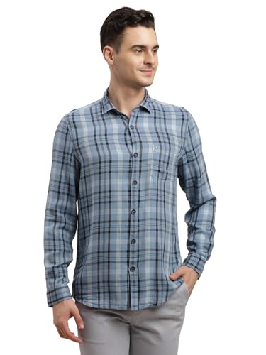 Image of Turtle Men Cotton Viscose Checkered Slim Fit Denim Shirt