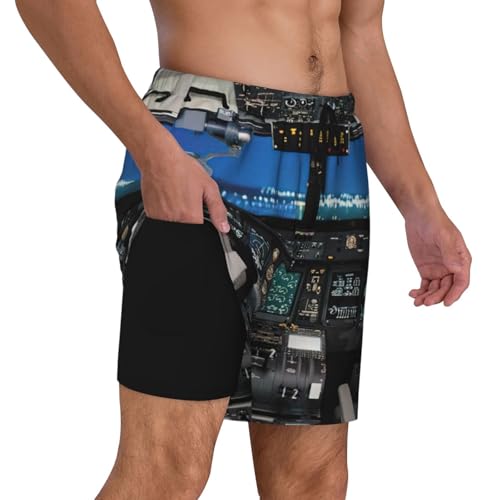 Airplane Cockpit Print Mens Swim Trunks Quick Dry Board Shorts Mesh Lining, Breathable Beach Surf Shorts3