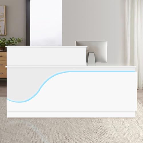 Moderno escritorio de recepción LED con bandeja para teclado, mostrador frontal de madera maciza multicapa para oficina, venta al por menor, salón y funcional, 71 pulgadas