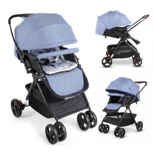 Image of OBABY Stroller with Reclining Seat, Adjustable Canopy, Safety Harness, Smooth Wheels, Compact Folding Design (Basket-Blue)