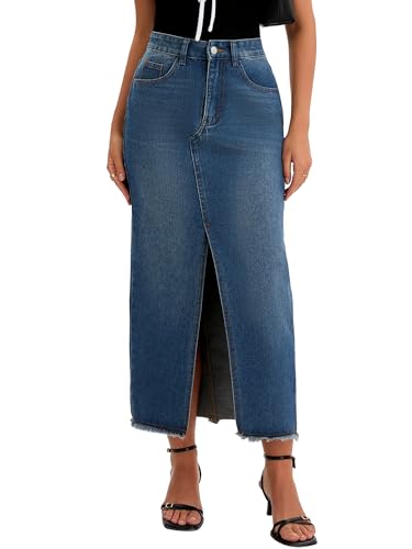 Women's Denim Skirt High Waist Split Front Raw Hem Washed Maxi Jean Skirts