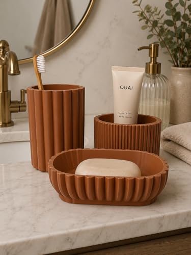 Terracotta Ribbed Bathroom Countertop Organizer Set, Soap Dish, Tumbler Cup, and...